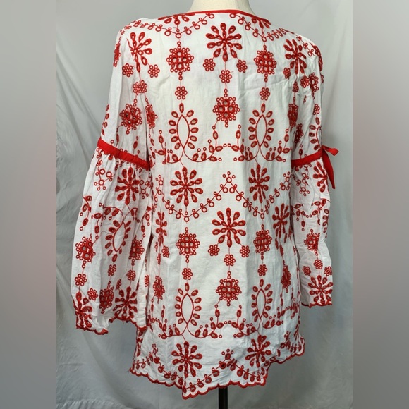 3/$10 Cocoplum Embroidered Eyelet Lined Cold Shoulder Flared Sleeve Blouse Top - Picture 3 of 14